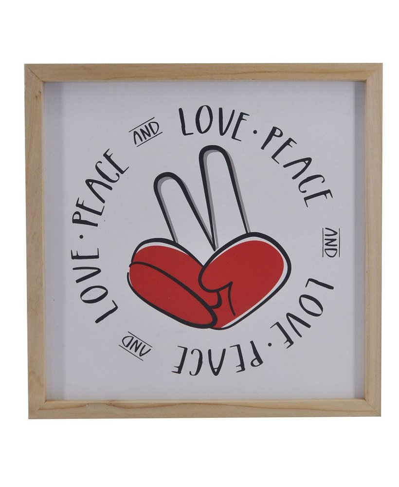 12" X 12" White Red And Black Love Peace Wood Square Wall Decor