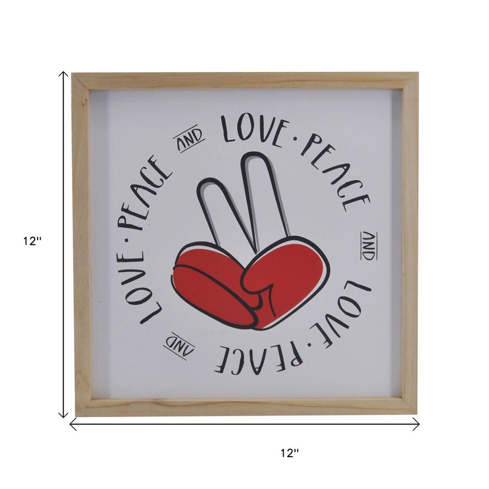12" X 12" White Red And Black Love Peace Wood Square Wall Decor