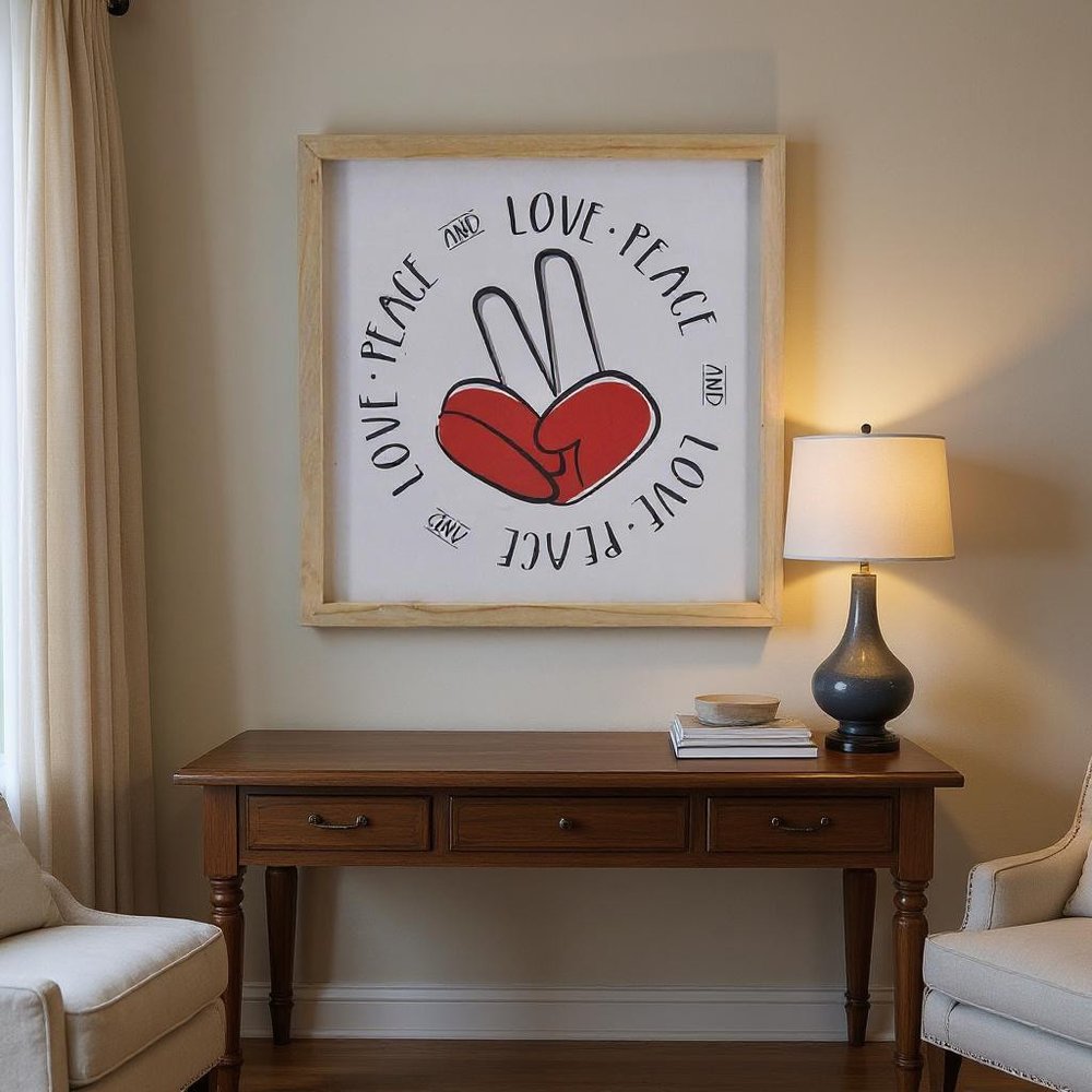 12" X 12" White Red And Black Love Peace Wood Square Wall Decor