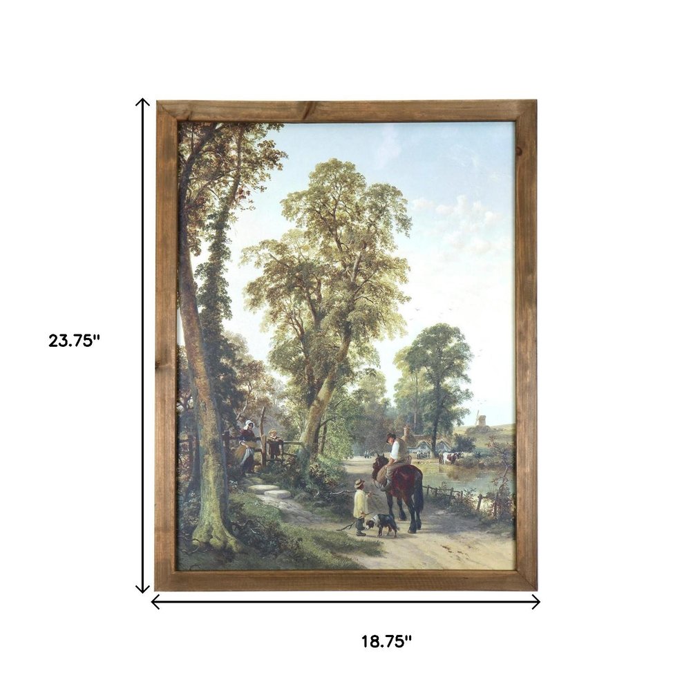 24" X 19" Green Brown And Blue Wood Framed Art