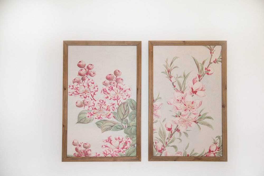 Set of Two Pink And Green Flower Floral Wood Framed Art