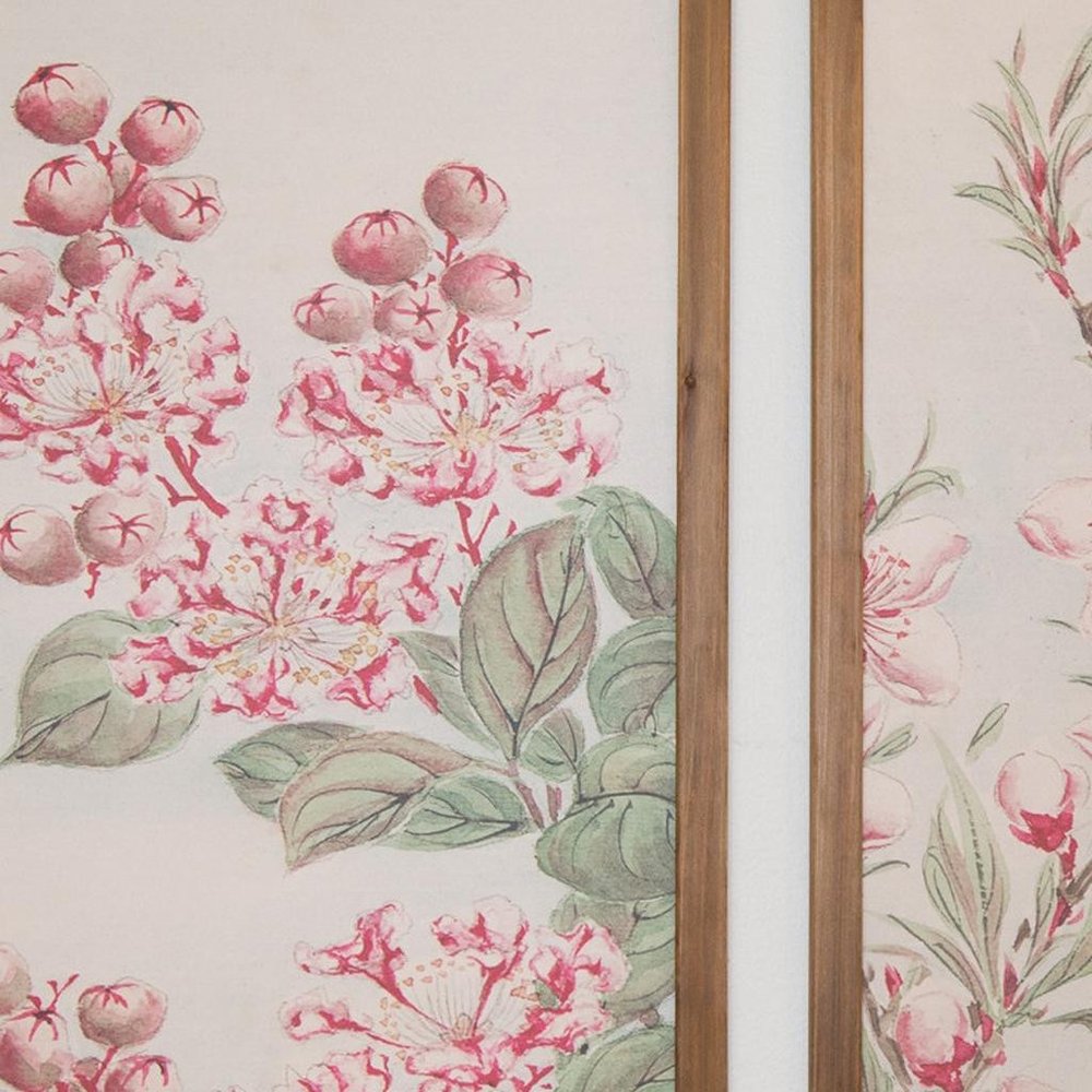 Set of Two Pink And Green Flower Floral Wood Framed Art
