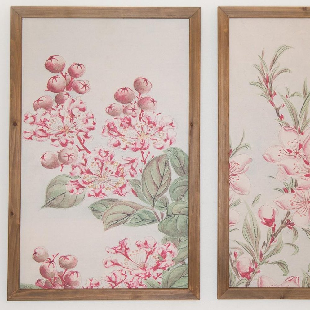 Set of Two Pink And Green Flower Floral Wood Framed Art