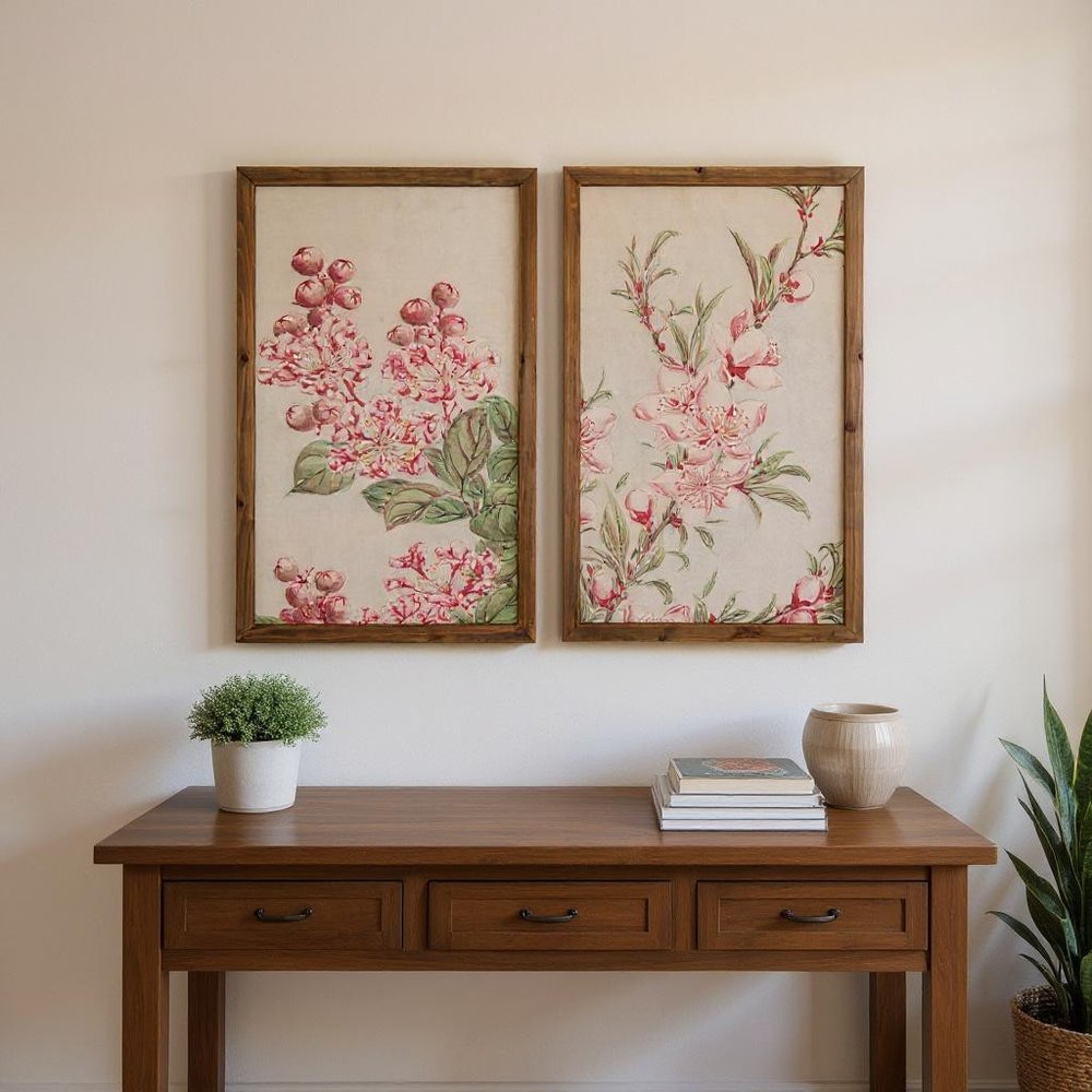 Set of Two Pink And Green Flower Floral Wood Framed Art