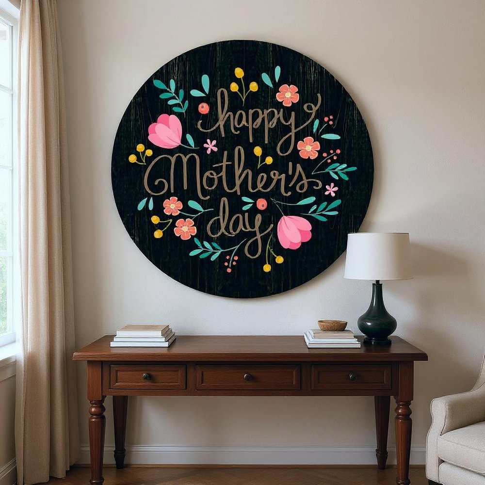 12" X 12" Black Pink And Gold Floral Happy Mother's Day Wood Circle Wall Decor