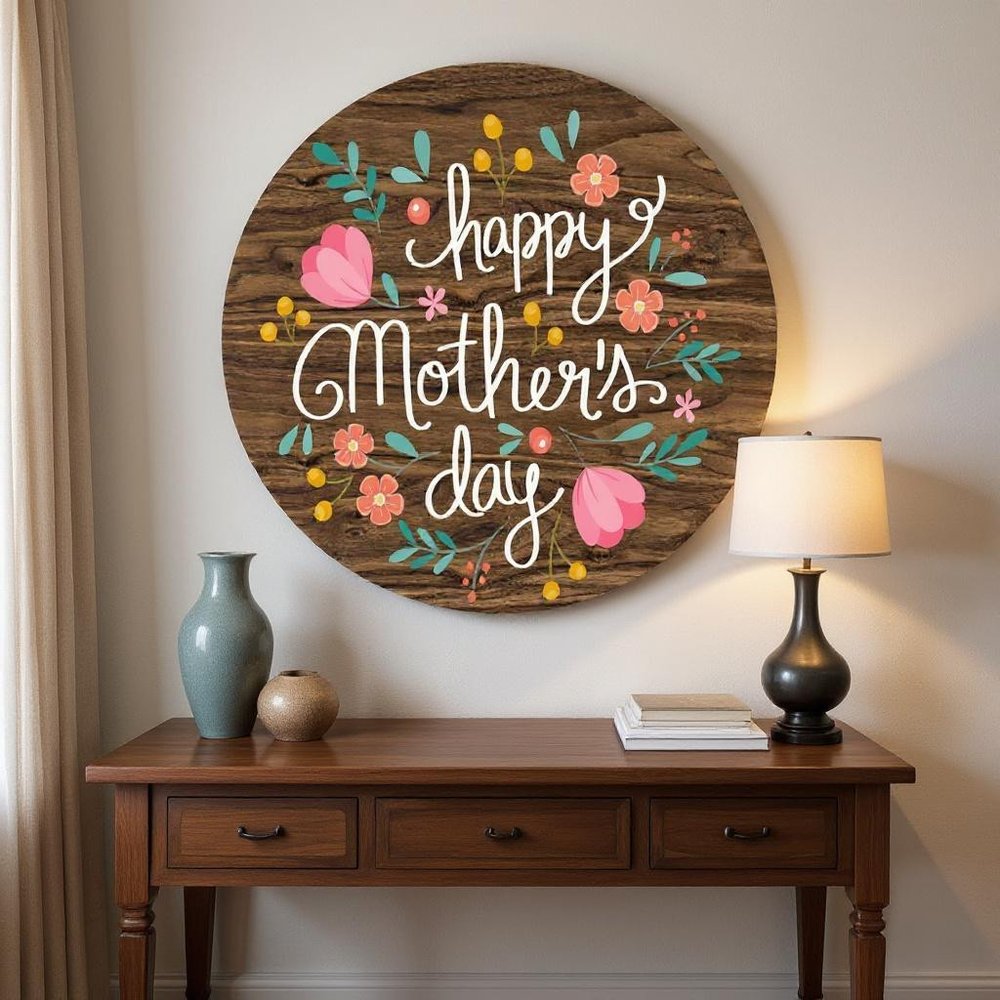 12" X 12" Brown White And Pink Floral Happy Mother's Day Wood Circle Wall Decor