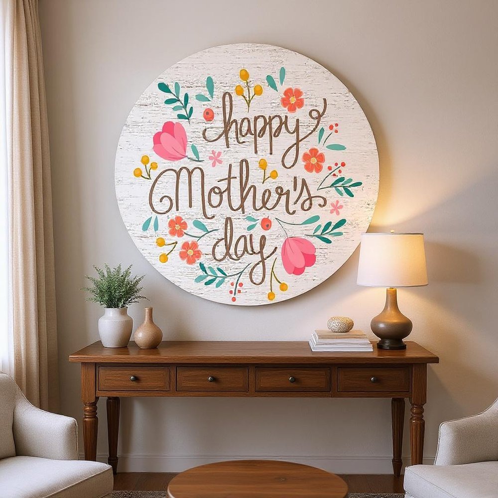 12" X 12" White Brown And Pink Floral Happy Mother's Day Wood Circle Wall Decor