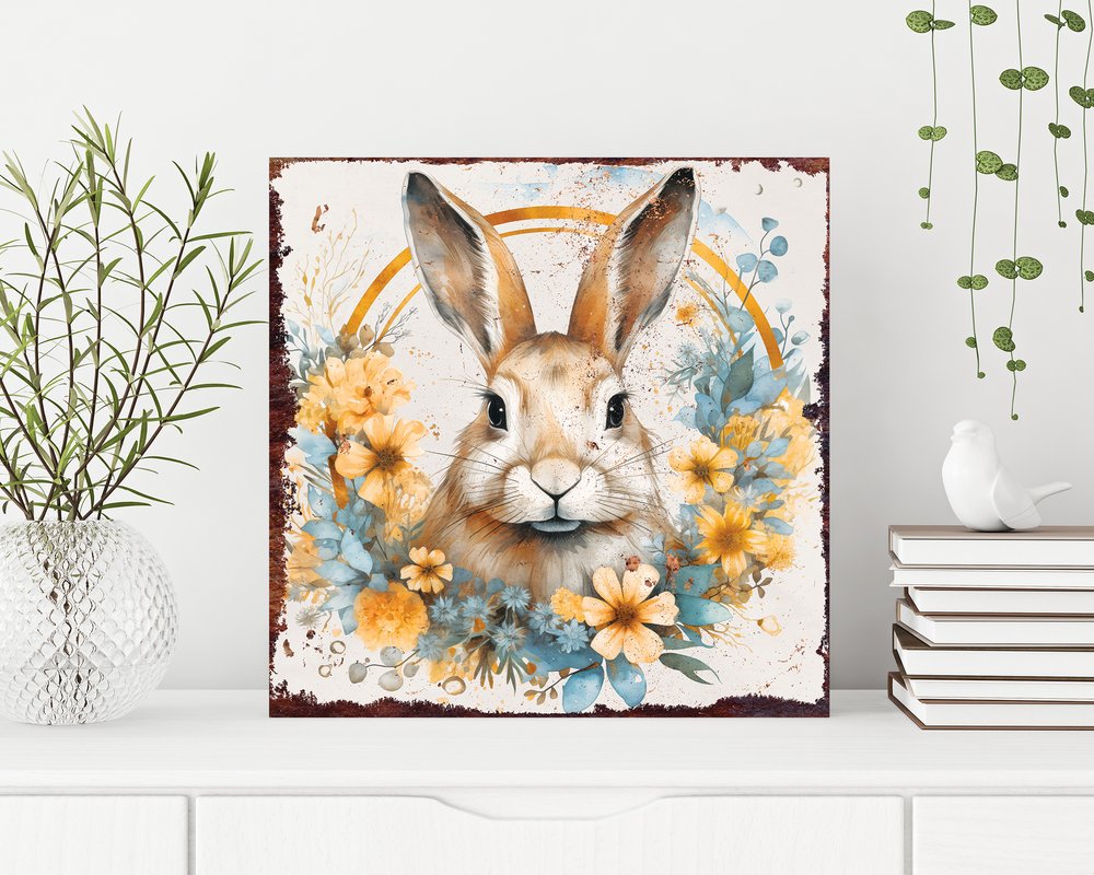 12" X 12" White Yellow And Pink Rabbit Easter Floral Canvas Square Hanging Wall Decor