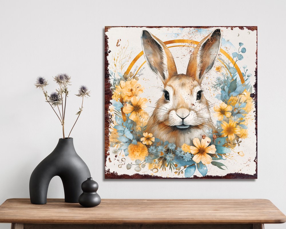 12" X 12" White Yellow And Pink Rabbit Easter Floral Canvas Square Hanging Wall Decor