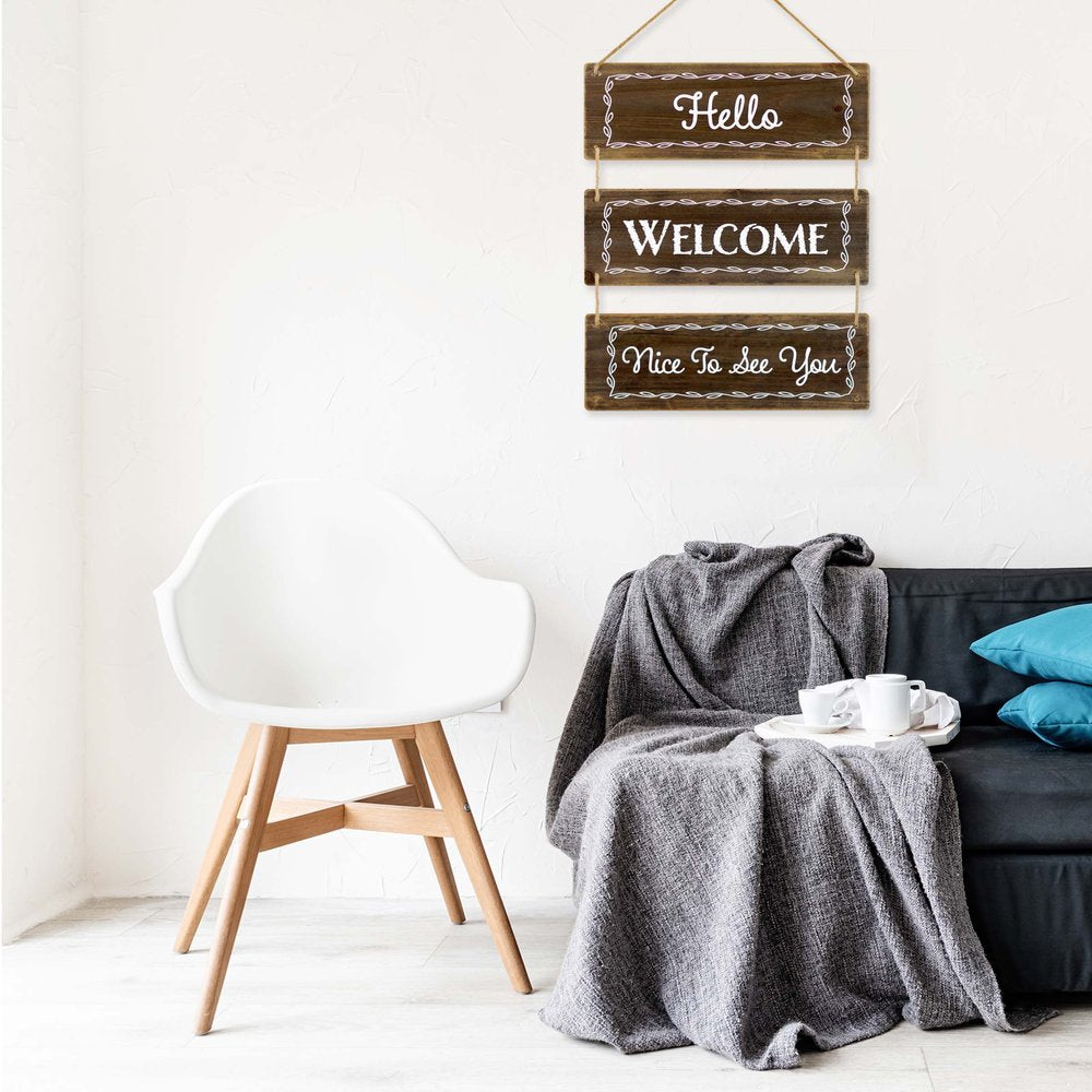 14" X 12" Brown And White "HELLO WELCOME NICE TO SEE YOU", "HELLO WELCOME YOU LOOK FABULOUS" Wood Wall Decor
