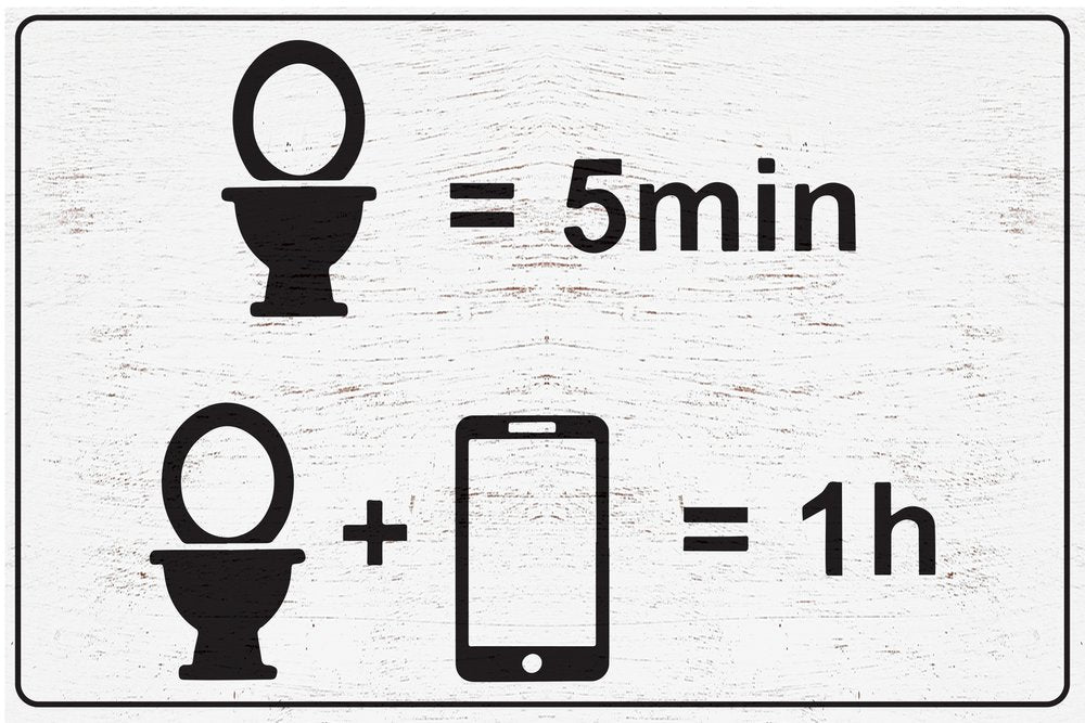 12" X 12" White And Black Toilet = 5 min, Toilet + Phone = 1 Hour Wood Wall Decor