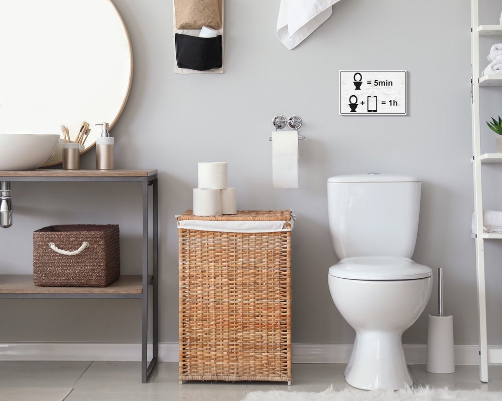 12" X 12" White And Black Toilet = 5 min, Toilet + Phone = 1 Hour Wood Wall Decor