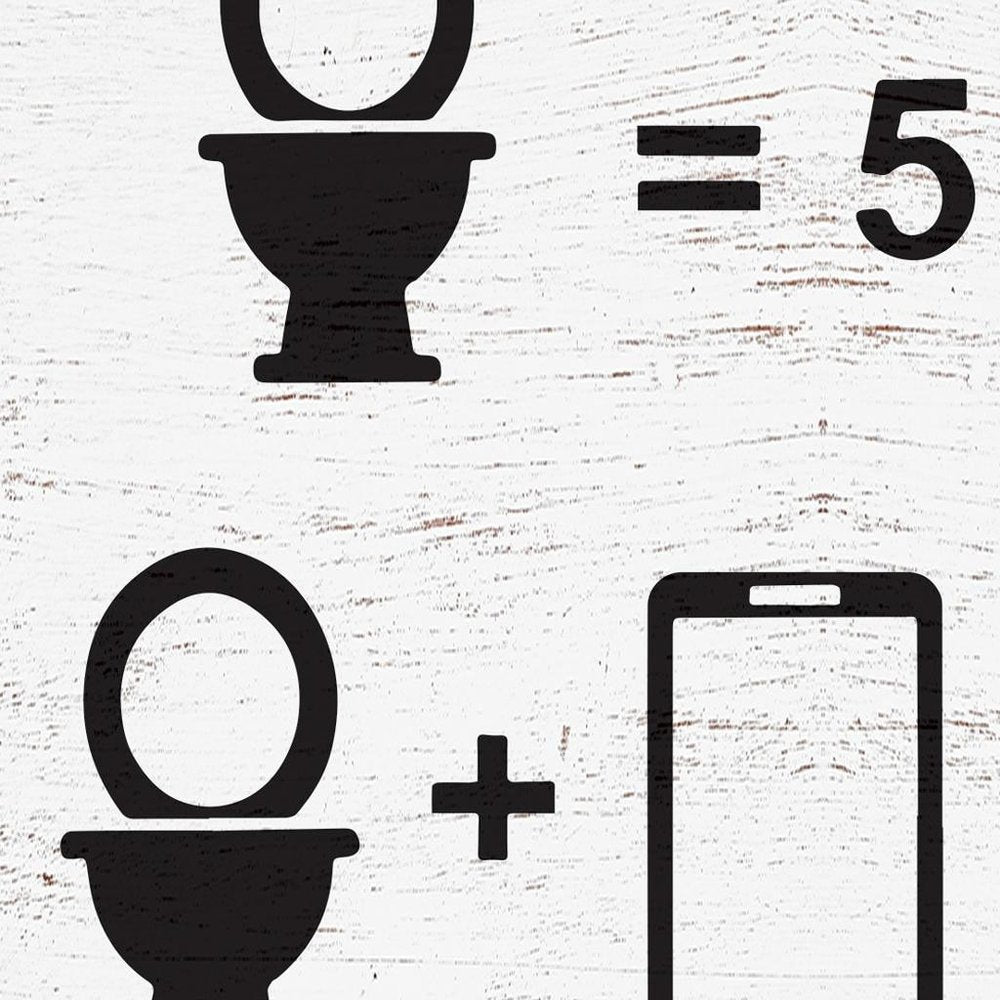 12" X 12" White And Black Toilet = 5 min, Toilet + Phone = 1 Hour Wood Wall Decor