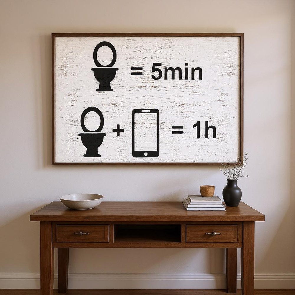 12" X 12" White And Black Toilet = 5 min, Toilet + Phone = 1 Hour Wood Wall Decor