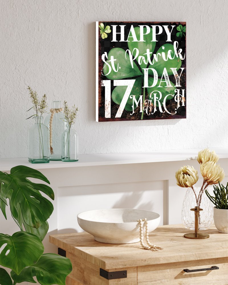 12" X 12" Black Green And White St Patrick's Day 17-Mar Canvas Square Wall Decor
