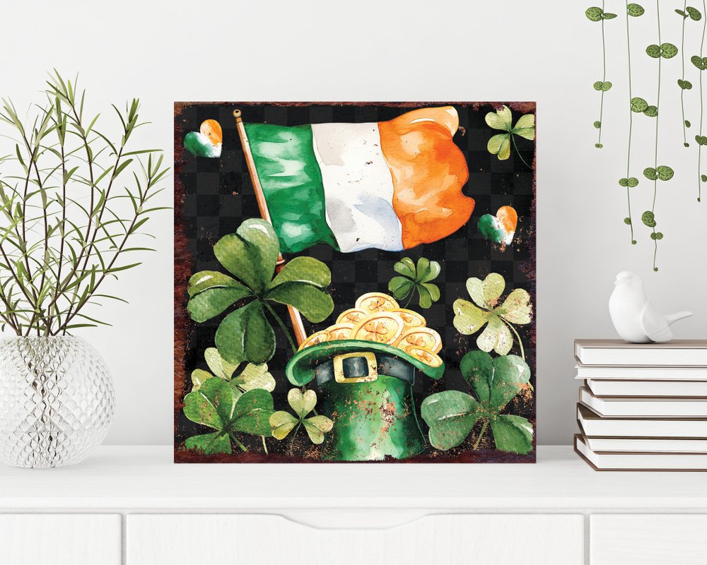 12" X 12" Black Green And Gold St Patrick's Day Leaves Floral Canvas Square Hanging Wall Decor