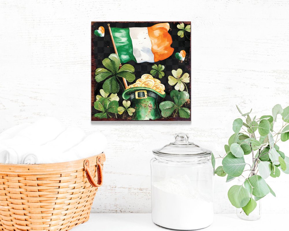 12" X 12" Black Green And Gold St Patrick's Day Leaves Floral Canvas Square Hanging Wall Decor