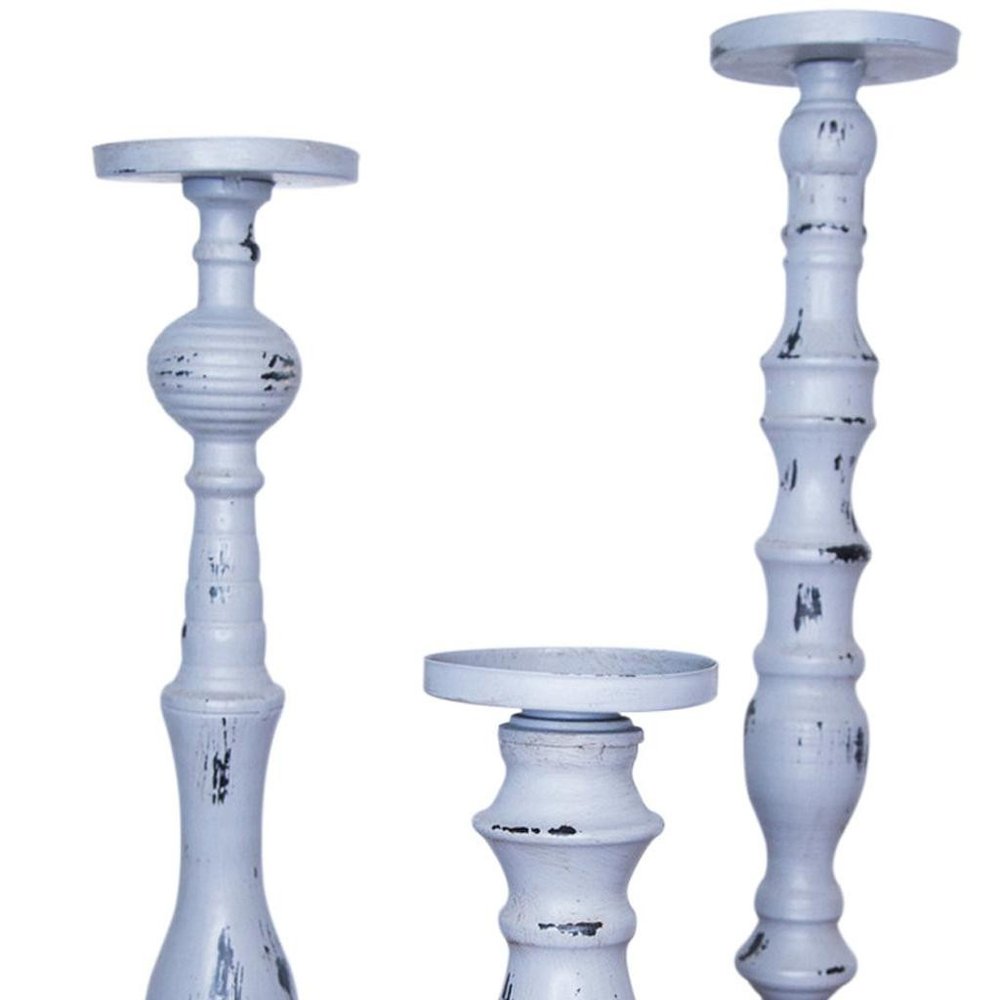 Set of Three Gray Distressed Wood Tabletop Pillar Candle Holders