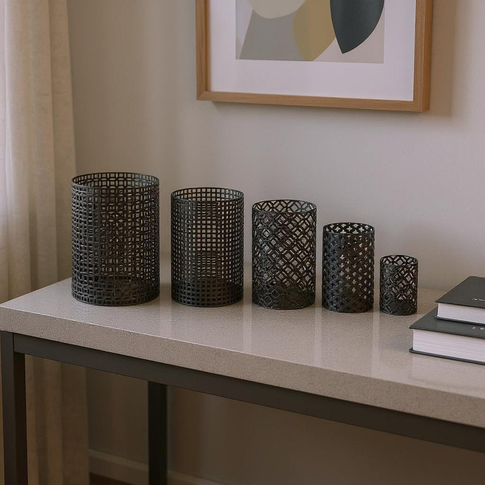 Set of Five Dark Brown Pierced Geometric Metal Tabletop Hurricane Candle Holders
