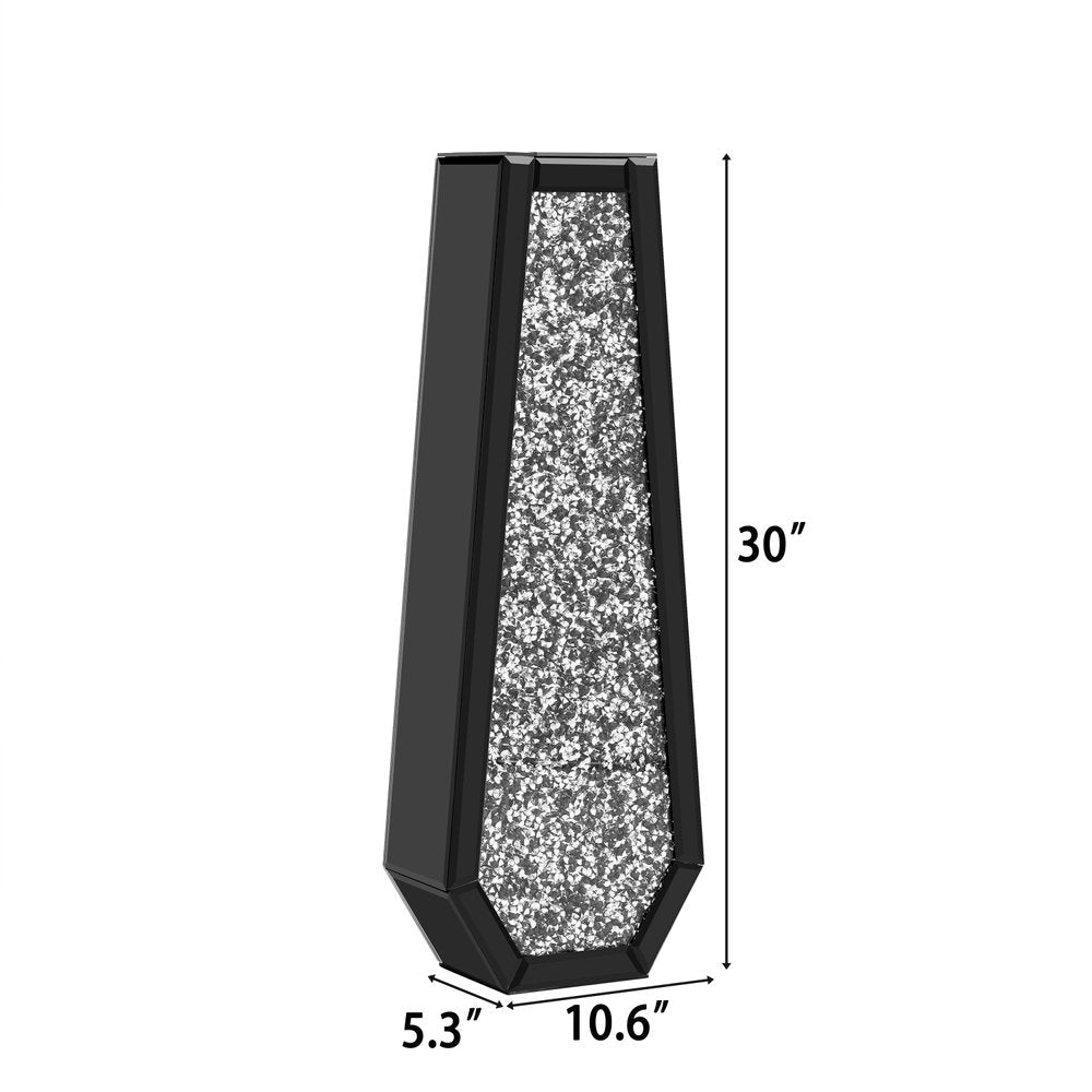 30" Black Mirrored Glass Floor Vase With Faux Crystals