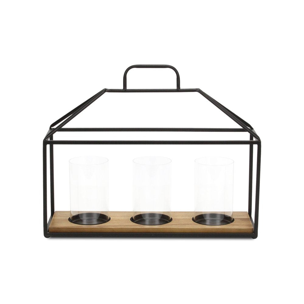 15" Black Metal Glass And Wood Geometric Three Light Hurricane Candle Holder