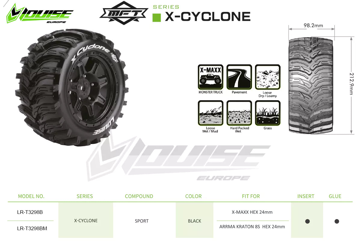 Louise R/C MFT X-Cyclone Sport Monster Truck Belted Tires 24mm Hex Pair for Traxxas X-MAXX / XRT
