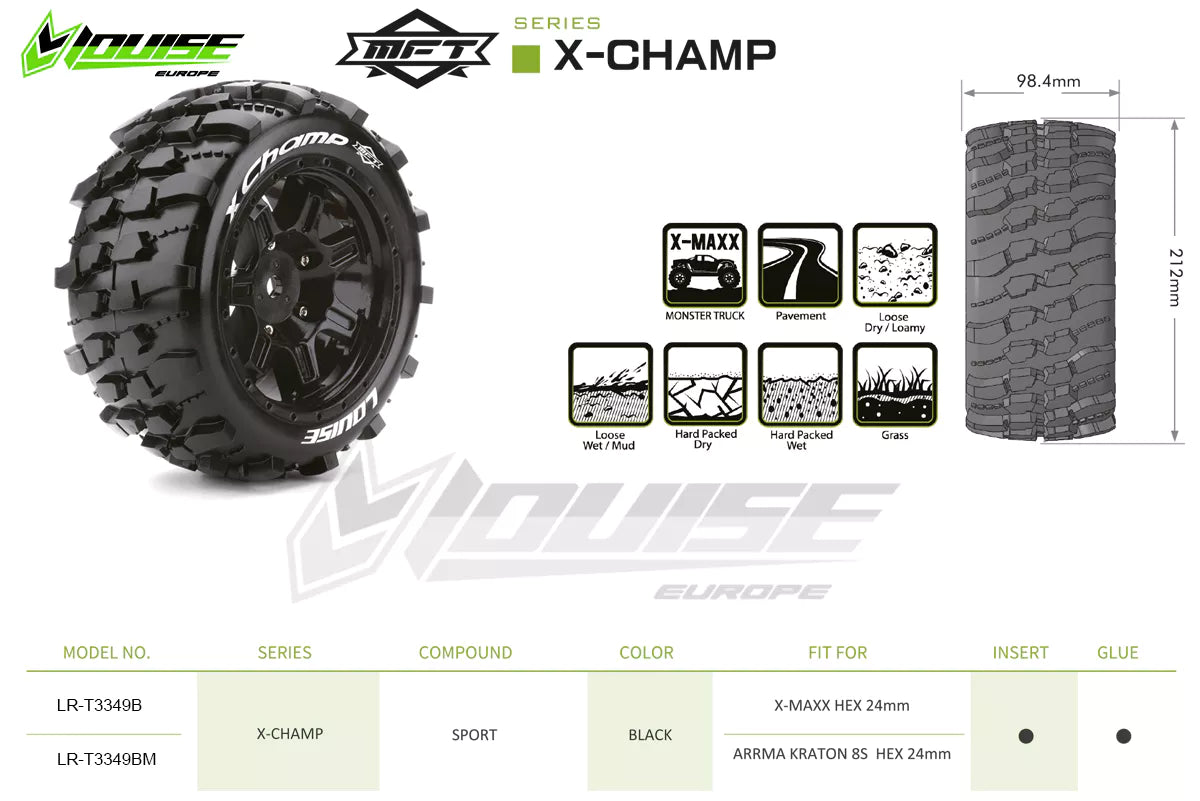 Louise R/C MFT X-Champ Belted Monster Truck Tires Mounted 24mm Hex Pair for Arrma Kraton 8S