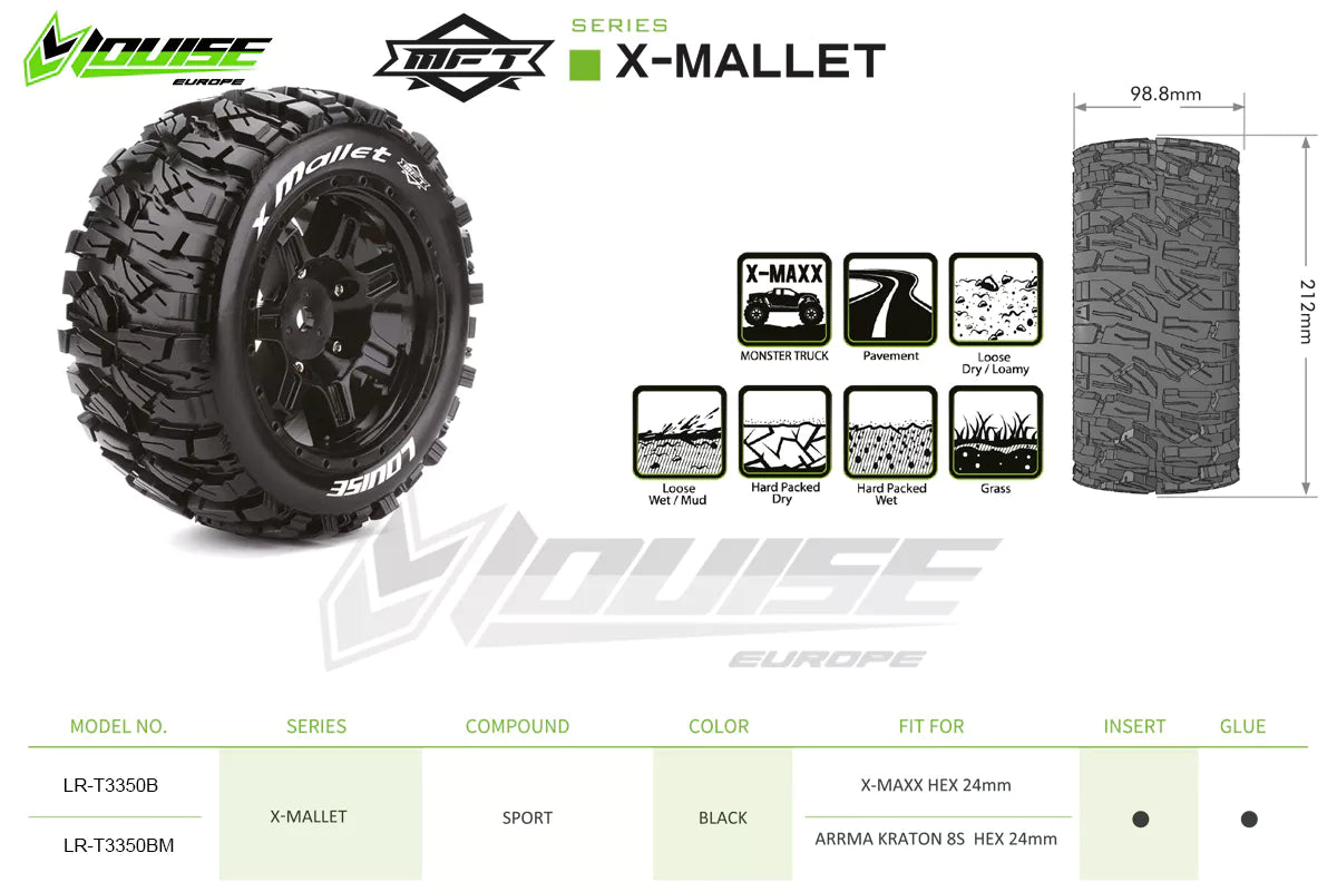 Louise R/C MFT X-Mallet Monster Truck Belted Tires 24mm Hex Pair for Traxxas X-MAXX / XRT