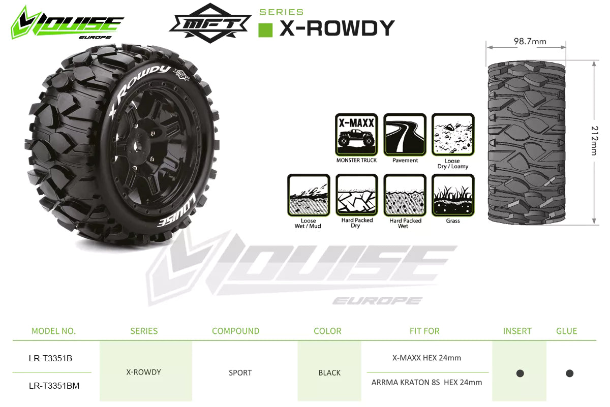 Louise R/C MFT X-Rowdy Sport Monster Truck Belted Tires 24mm Hex Pair for Traxxas X-MAXX / XRT