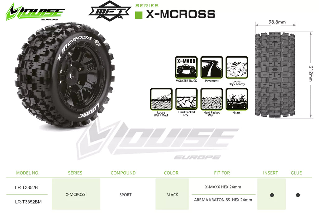 Louise R/C MFT X-Mcross Monster Truck Belted Tires 24mm Hex Pair for Traxxas X-MAXX / XRT