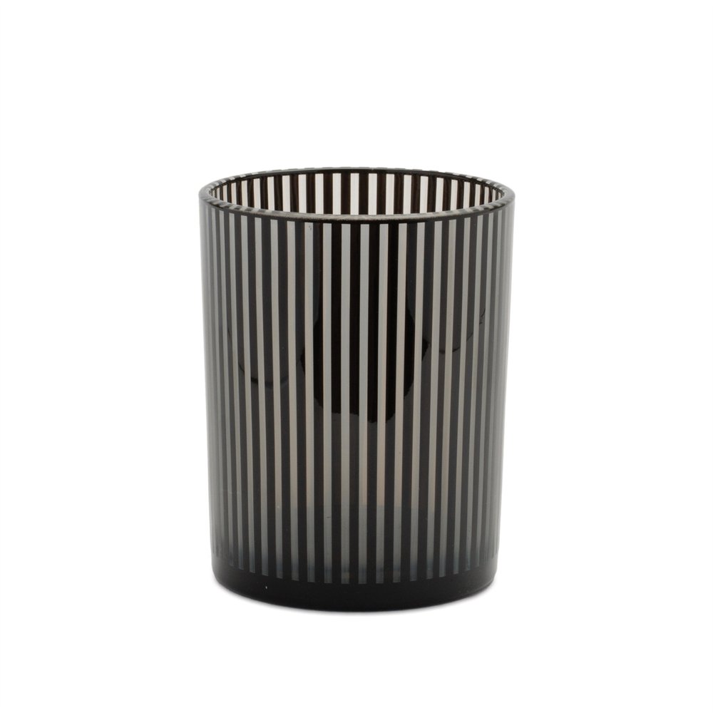 Set of Two Black Striped Glass Tabletop Pillar Candle Holders