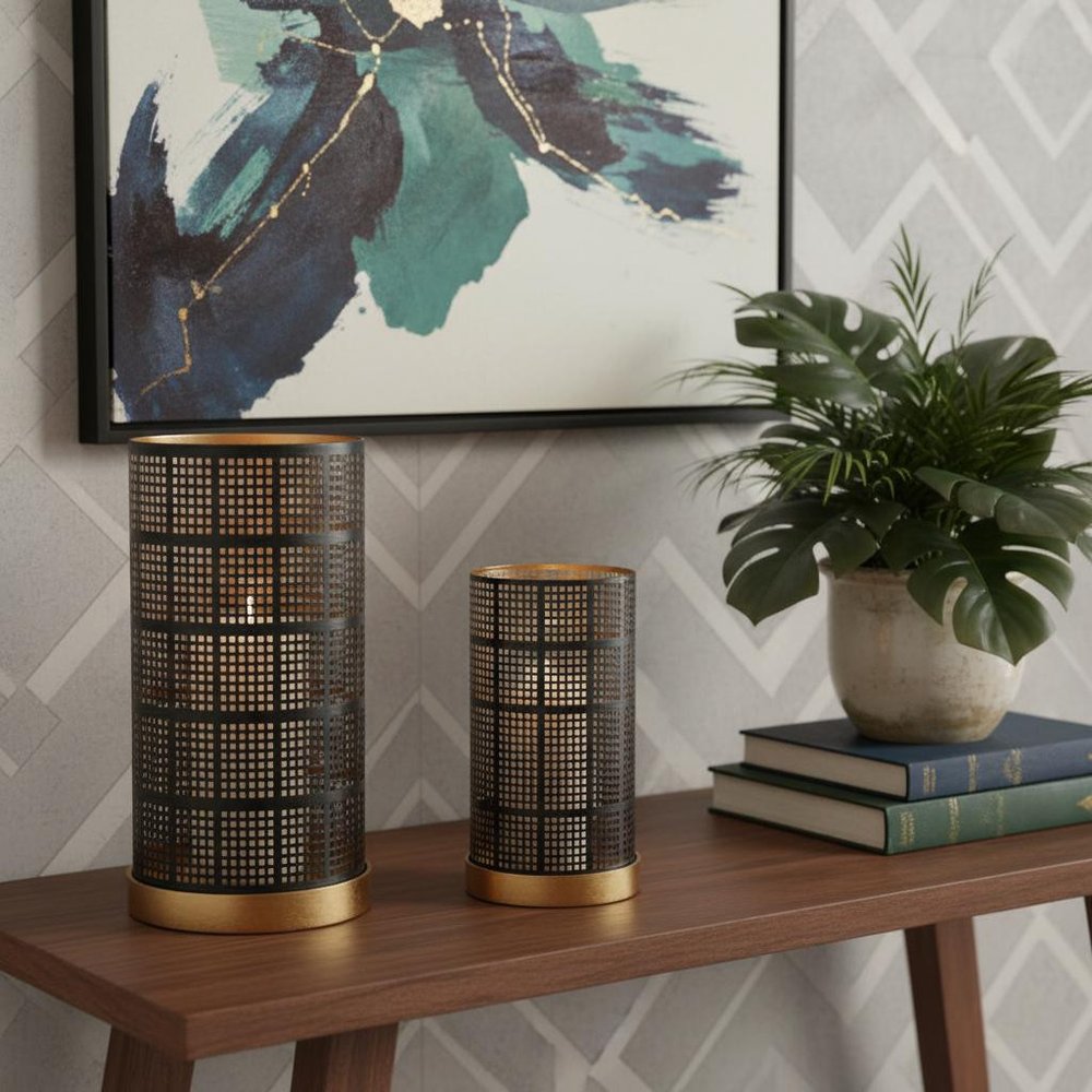 Set of Two Black And Gold Abstract Metal Tabletop Pillar Candle Holders