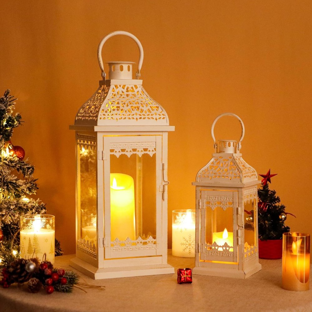 Set of Two Cream Distressed Filigree Metal Tabletop Lantern Candle Holders