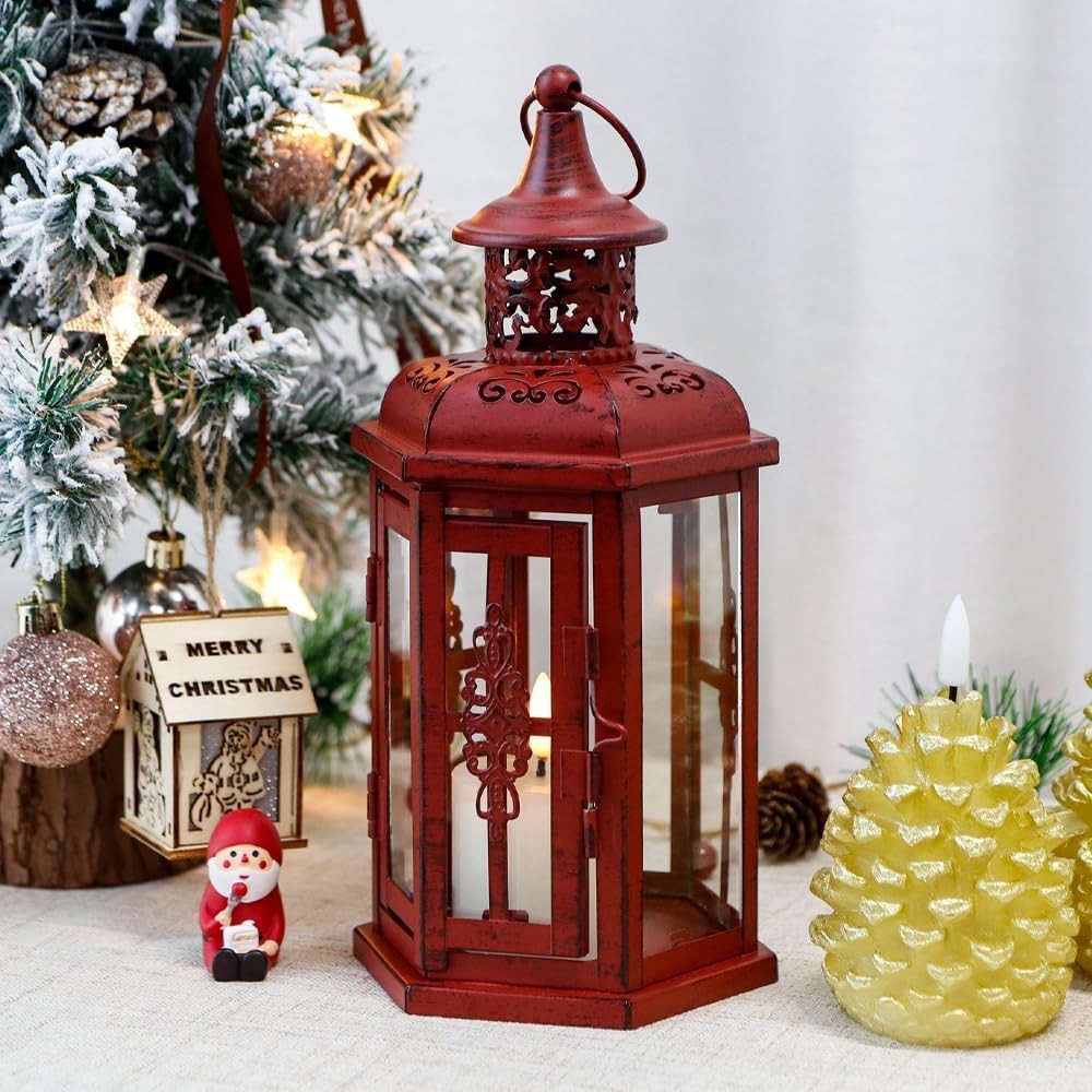 10" Red Distressed Filigree Metal Tabletop Lantern Candle Holder