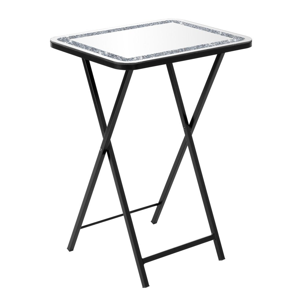20" Silver and Black Mirrored Glass Faux Crystal And Metal Folding Tray Table