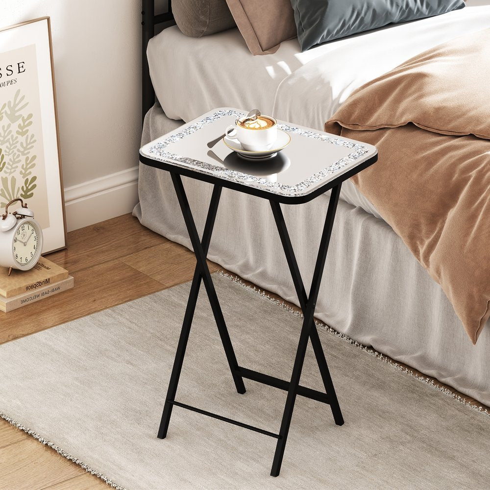 20" Silver and Black Mirrored Glass Faux Crystal And Metal Folding Tray Table