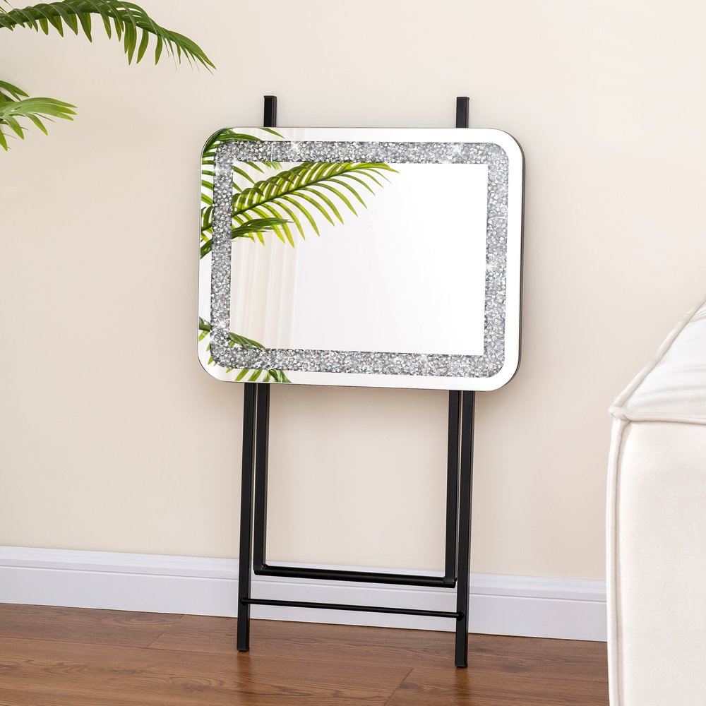 20" Silver and Black Mirrored Glass Faux Crystal And Metal Folding Tray Table