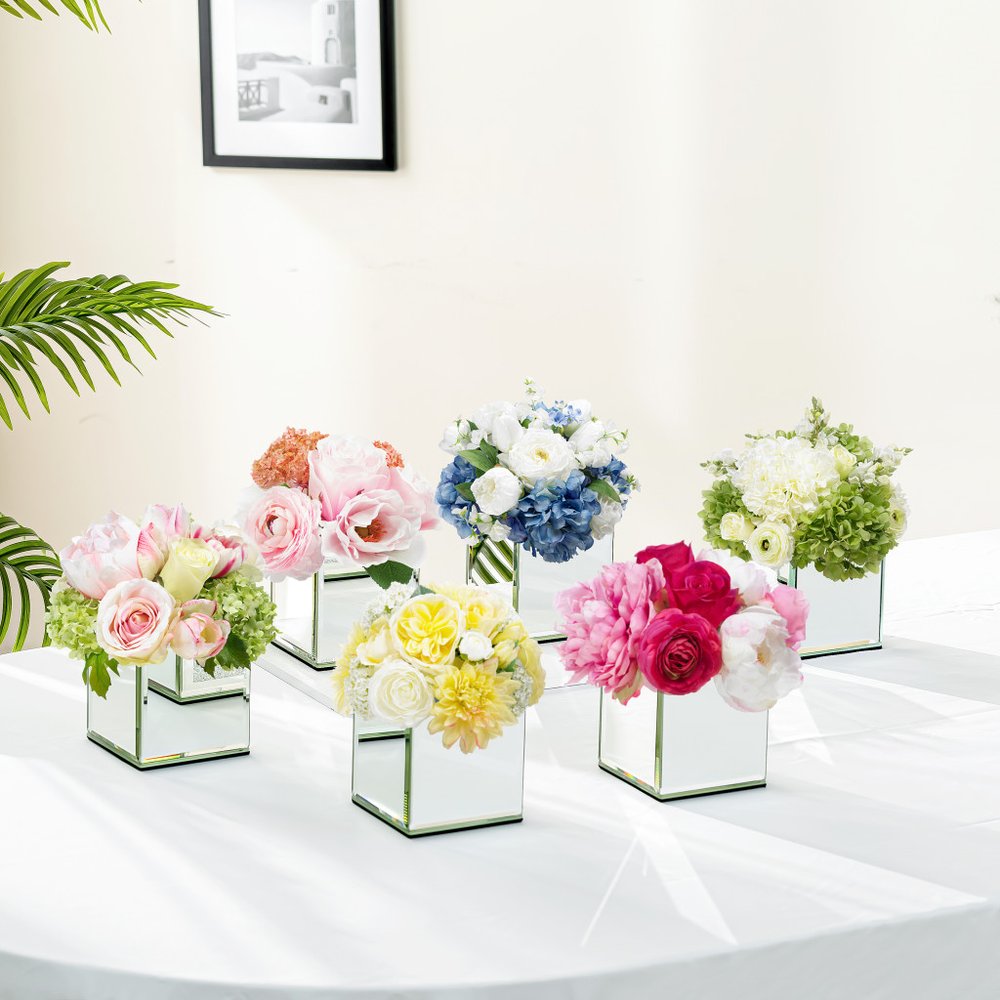 Set of Six Silver Mirrored Glass Square Table Vases