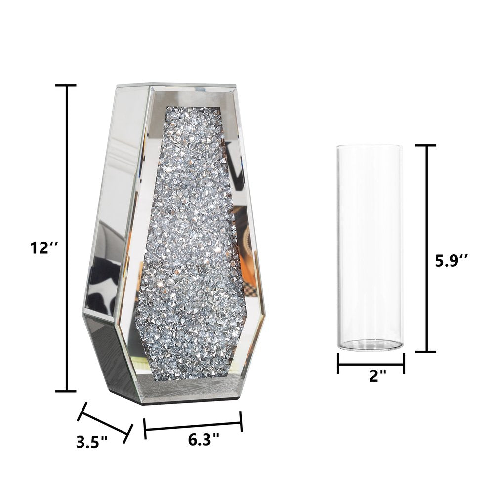 12" Silver Faux Crystal And Mirrored Glass Table Vase