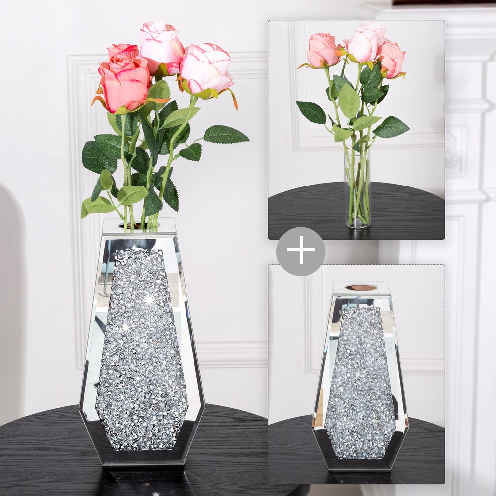 12" Silver Faux Crystal And Mirrored Glass Table Vase
