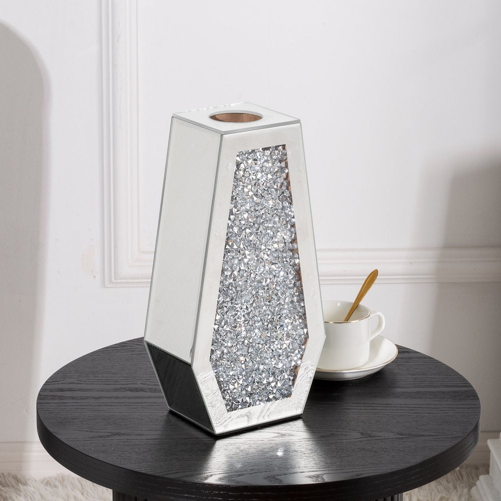 12" Silver Faux Crystal And Mirrored Glass Table Vase