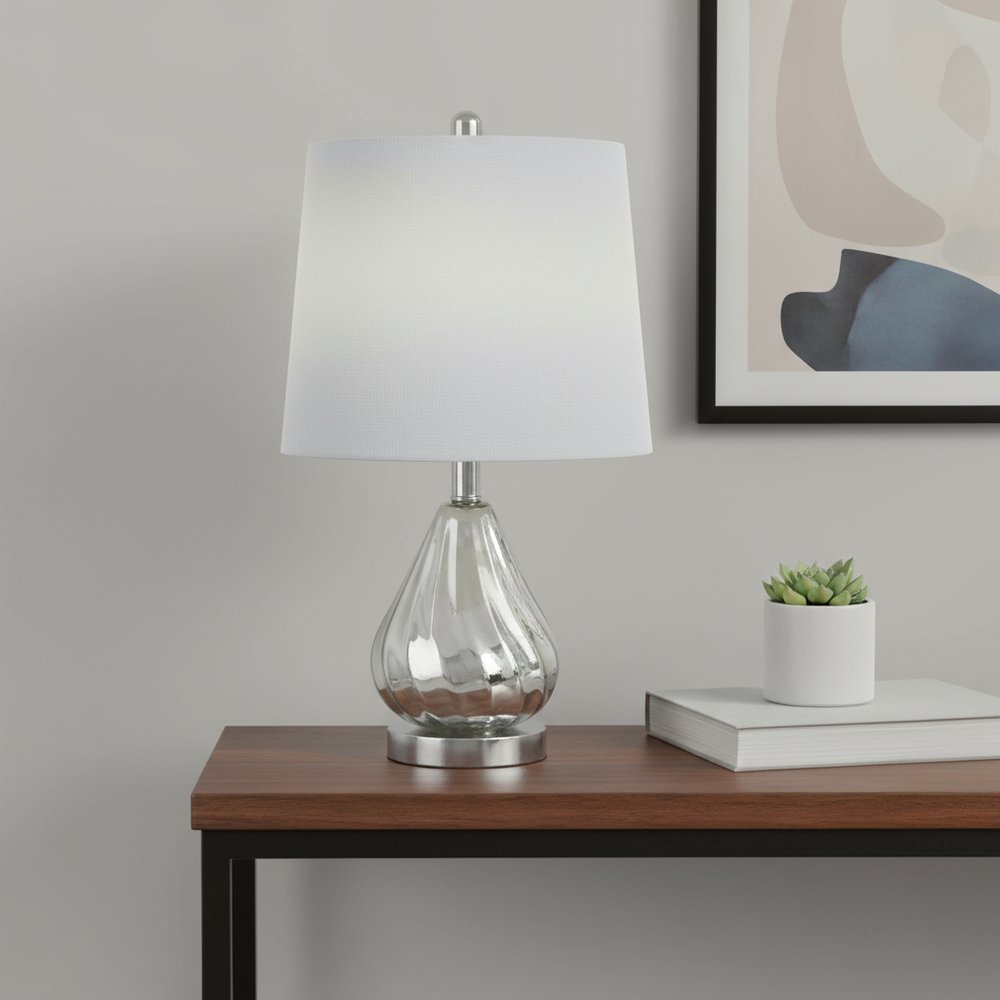21" Silver Glass And Metal Scalloped Table Lamp With Gray Drum Shade