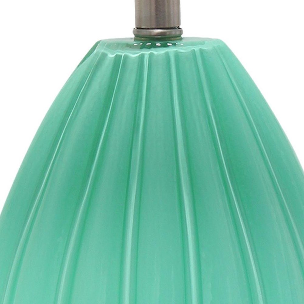 23" Sea Green And Silver Geometric Lines Table Lamp With White Drum Shade