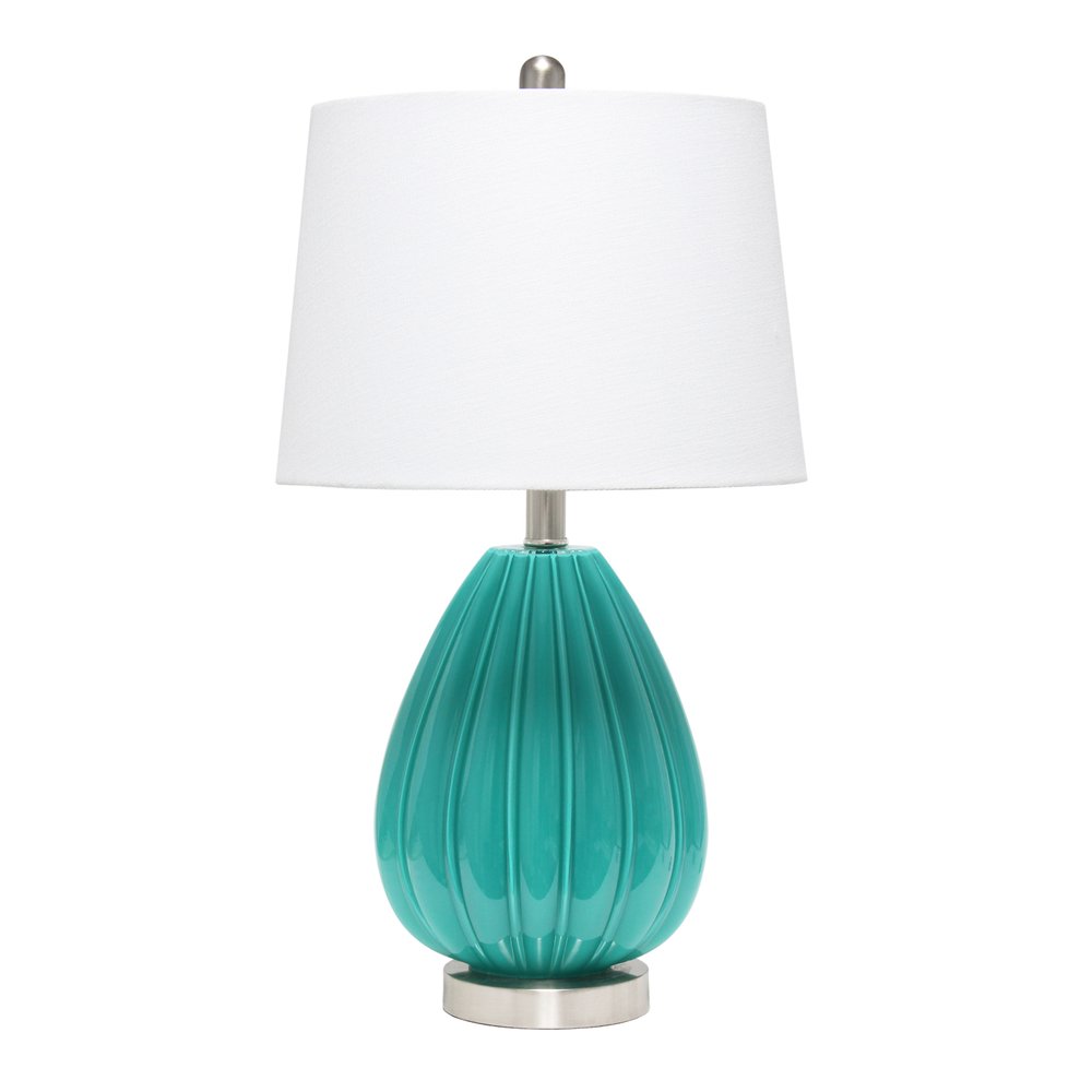 23" Teal Blue And Silver Glass And Metal Novelty Table Lamp With White Drum Shade