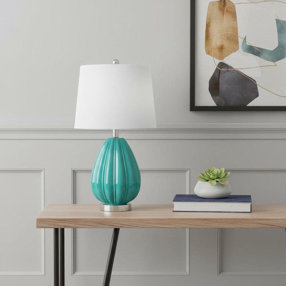 23" Teal Blue And Silver Glass And Metal Novelty Table Lamp With White Drum Shade