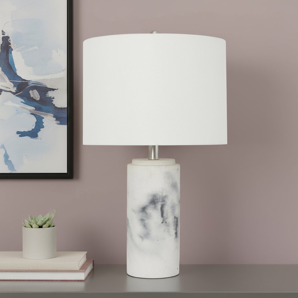 24" White And Black Faux Marble Concrete Table Lamp With White Drum Shade