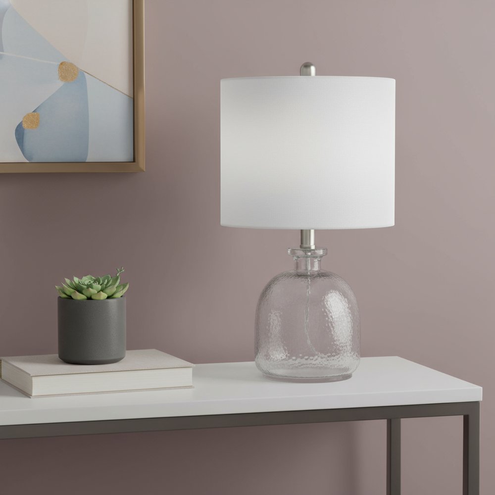 20" Gray Glass Round Table Lamp With White Drum Shade