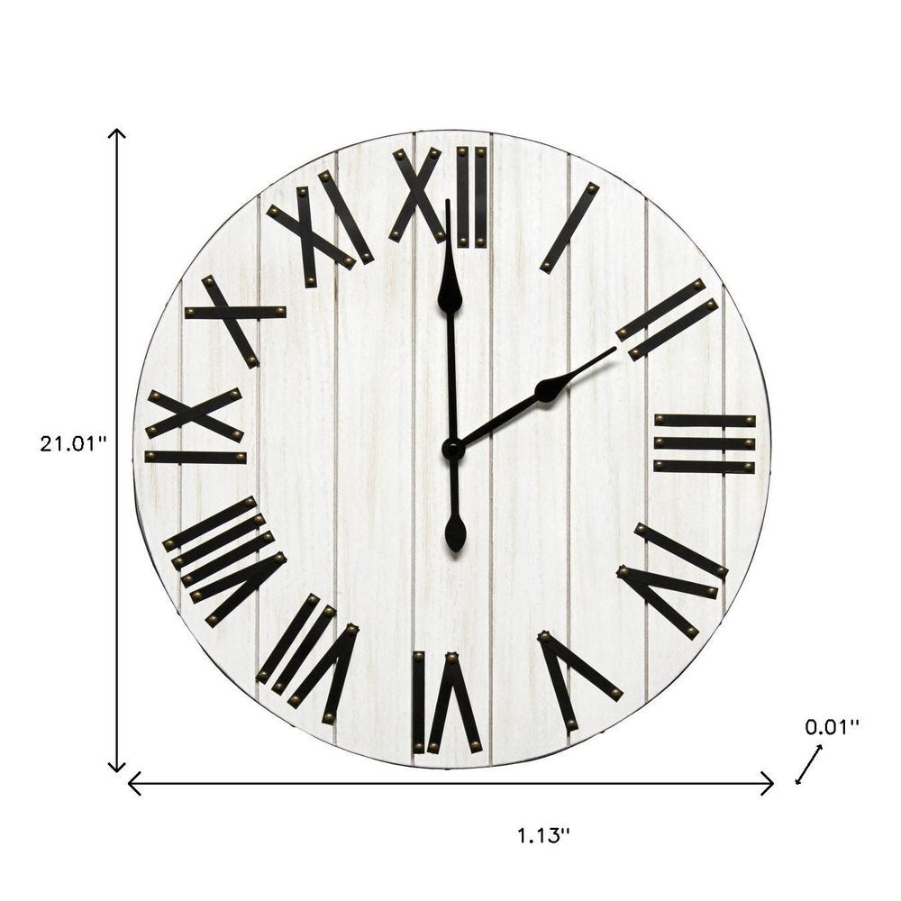 21" White And Black Rustic Wood Silent Analog Round Wall Clock