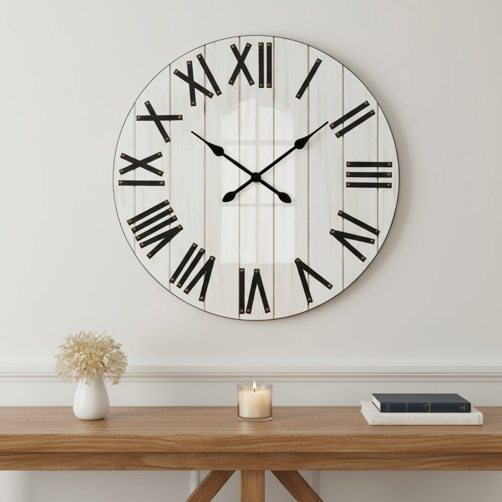 21" White And Black Rustic Wood Silent Analog Round Wall Clock