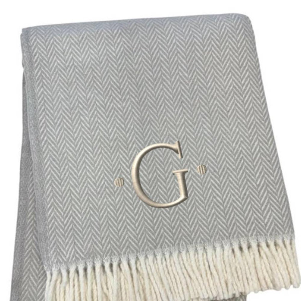 55" X 70" Gray And White Herringbone Cotton Blend A Initial Throw Blanket with Tassels And Embroidery